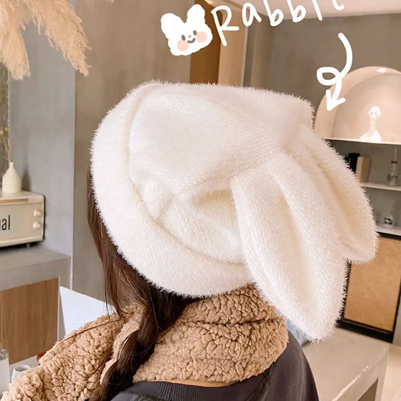 Cute Rabbit Ears Hat Women Autumn Winter Warm Knitted Panama Hat Korean Soft Rabbit Fur Beanie Cap Girls Skullies Ski Hat Gorras