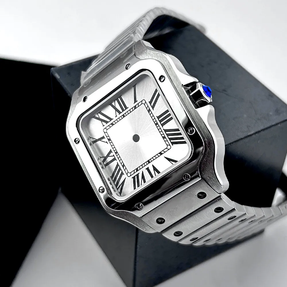 38mm Silvery Square Watch Case Stainless Steel Strap with Dial/Hands for Santos Modification Parts NH35 NH36 Movement Watch Part