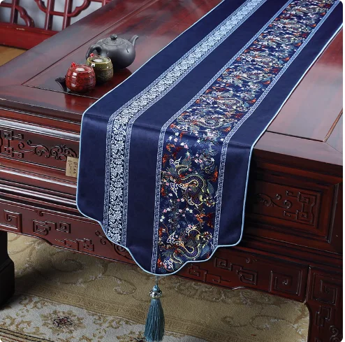 Custom Double Dragon Chinese style Table Runner Waterproof Silk Satin Tea Tablecloth Rectangle Desk Protective Dust Covers