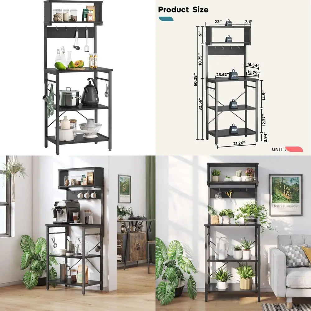Kitchen Baker's Rack with Microwave Stand, Utility Storage Shelf, Coffee Station, 8 Side Hooks for Kitchen Organization and Spac