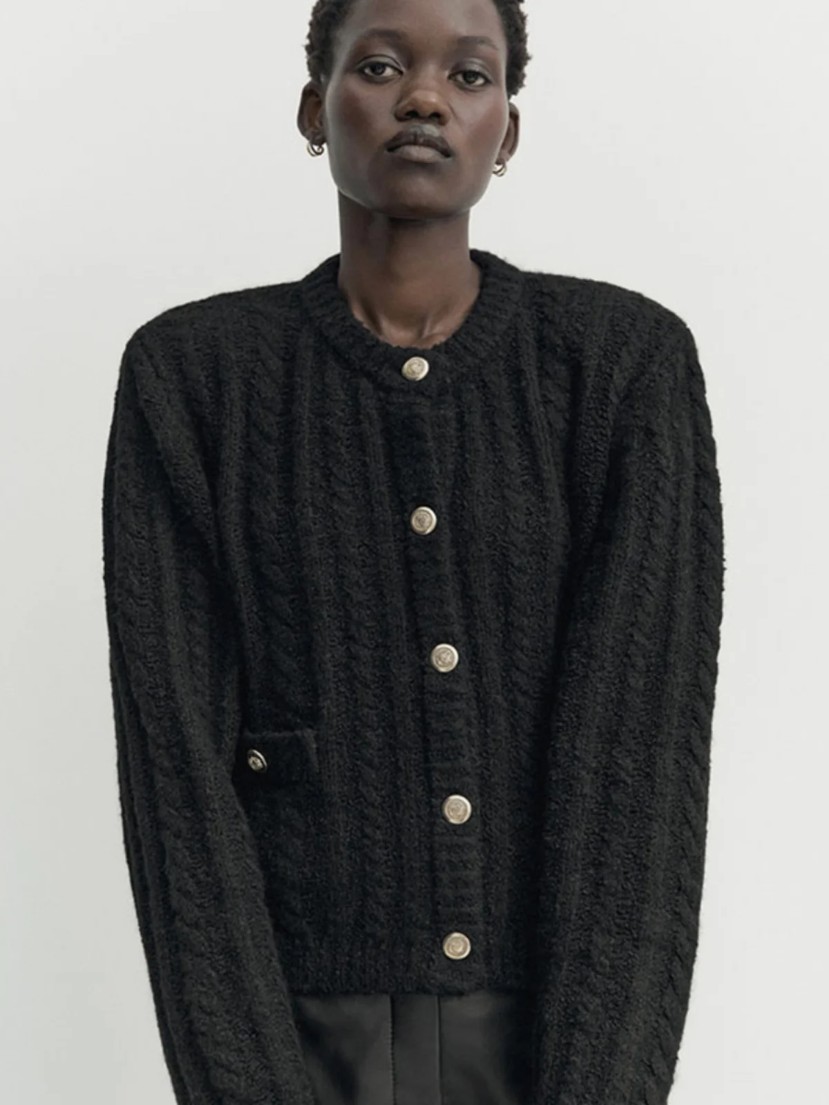 Faionable round Ne Knitted ort Coat MD Women's Bla Boucle Sle Open Front Knitwear New Arrival Autumn Winter