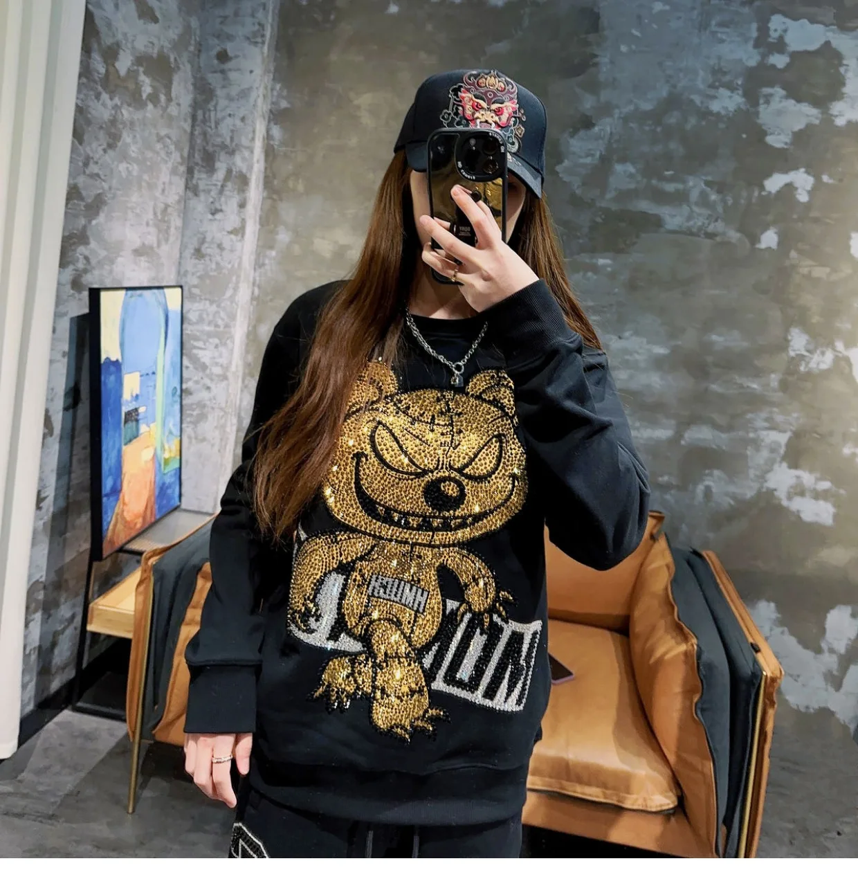 

Blingbling Luxury Sparkling Water Drill Violent Monster Bear Spring Women Sweatshirt Gold Diamond Streetwear Hoodie Top Handsome