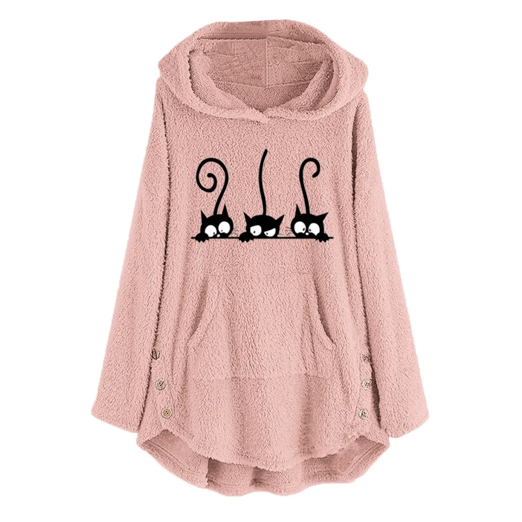 Cardigan brodé de chat souriant pour femmes, sweats à capuche chauds, haut à boutons, chemisier pull, grande taille, automne, hiver