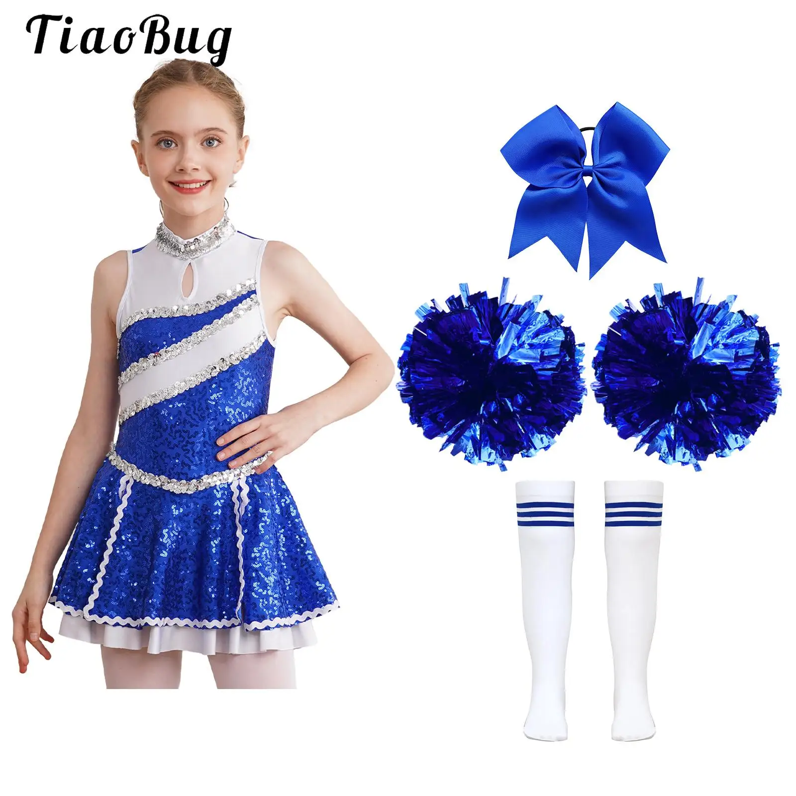 Kids Girls Cheerleading Costumes Dance Uniform Shiny Sequin Dance Dress with Headwear Hand Flowers Striped Socks Set Performance
