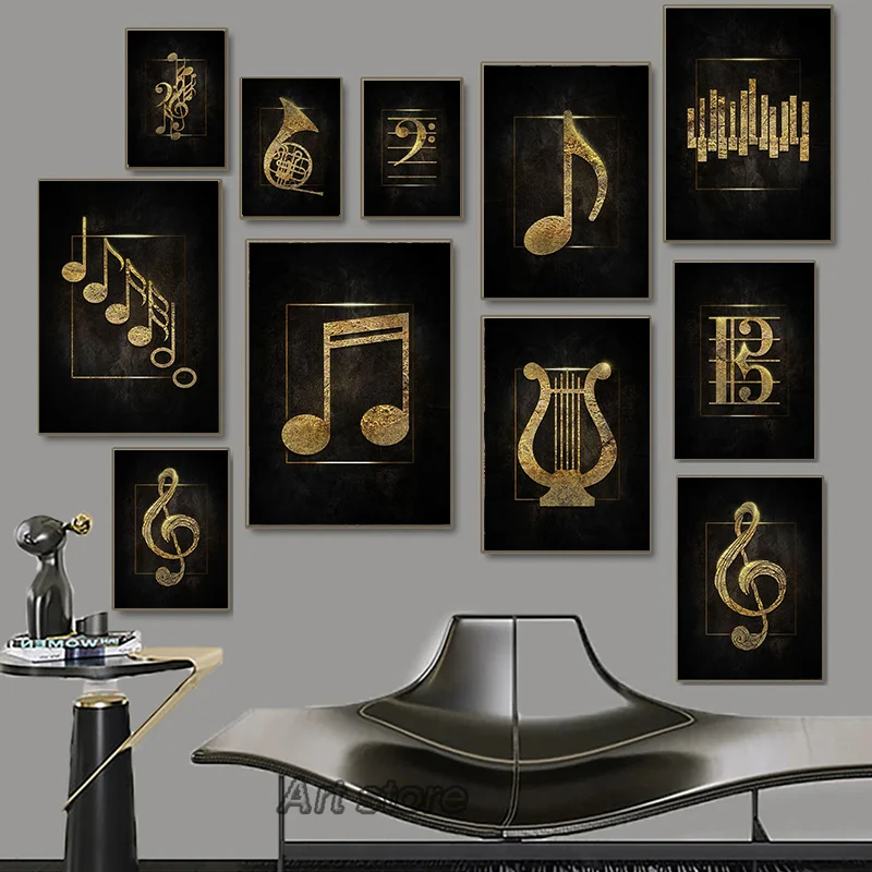 Black Golden Music Symbolic Canvas Painting Musical Instrument Posters and Prints Wall Art Picture Home Living Room Decoration