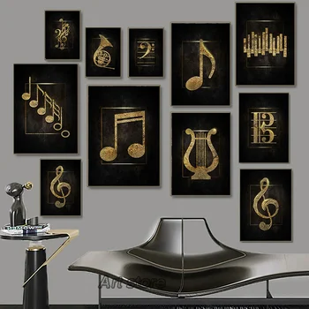 Pintura en lienzo simbólica de música dorada y negra, carteles e impresiones de instrumentos musicales, imagen artística de pared, decoración para el hogar y la sala de estar