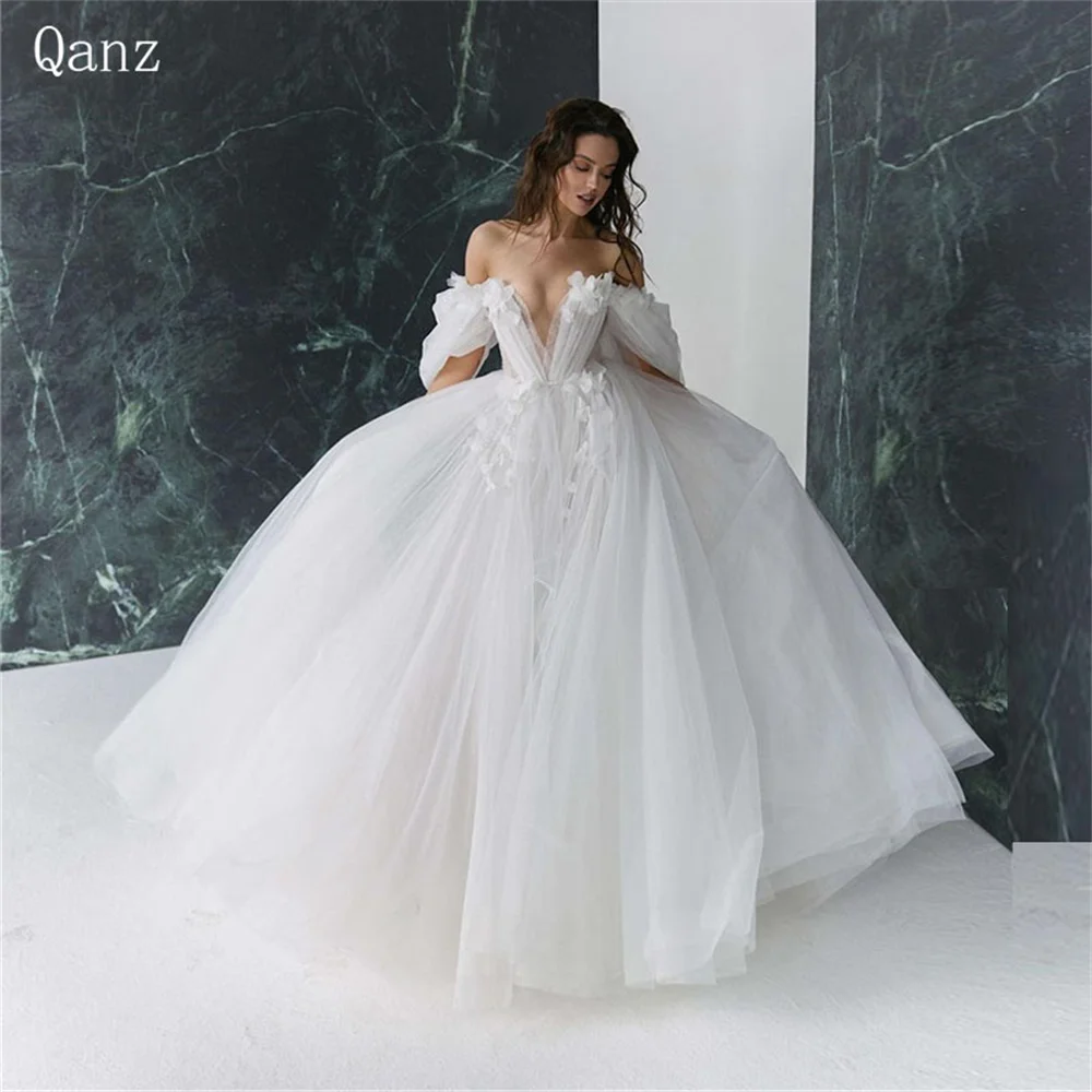 Qanz-Robes de mariée princesse à fleurs 3D, hors de l'initiative, dos ouvert, paillettes, col en V, tulle, longue fête des patients, quoi que ce soit