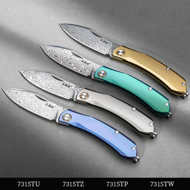 SANRENMU 7315 Outdoor camping folding knife Fruit knife Titanium Alloy Damascus steel pocket KNIFE EDC self-defense knife