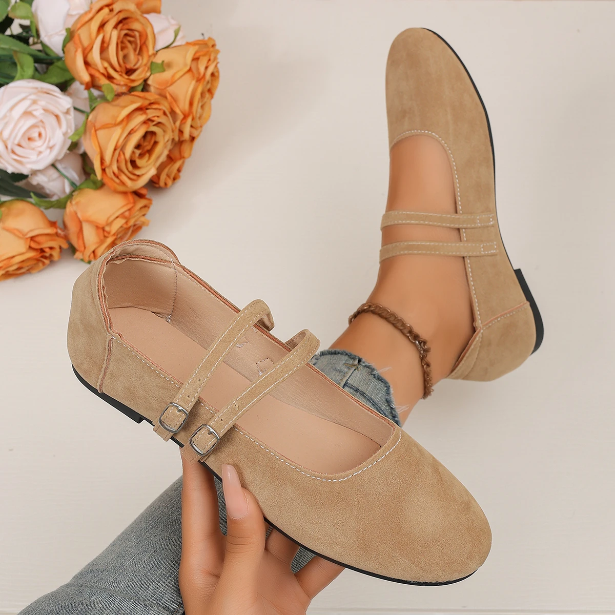 Damen Mary Jane Ballerinas mit doppeltem Riemen, runder Zehenpartie und weicher Sohle, Freizeitschuhe – Detail 2