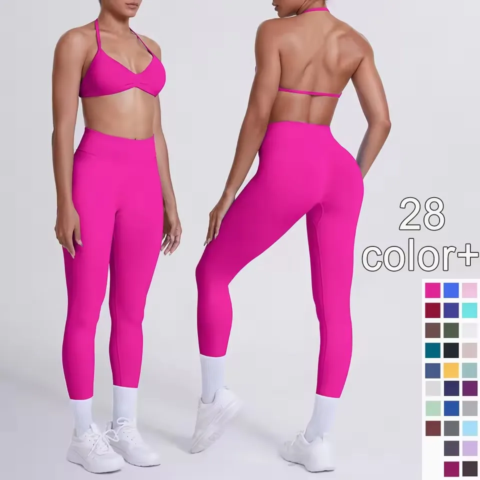

2PCS Women Sexy Yoga Bra Running Pants Set High Waisted Peach Buttocks Gym Workout Sport Leggings Backless Neck Strap Bra Set