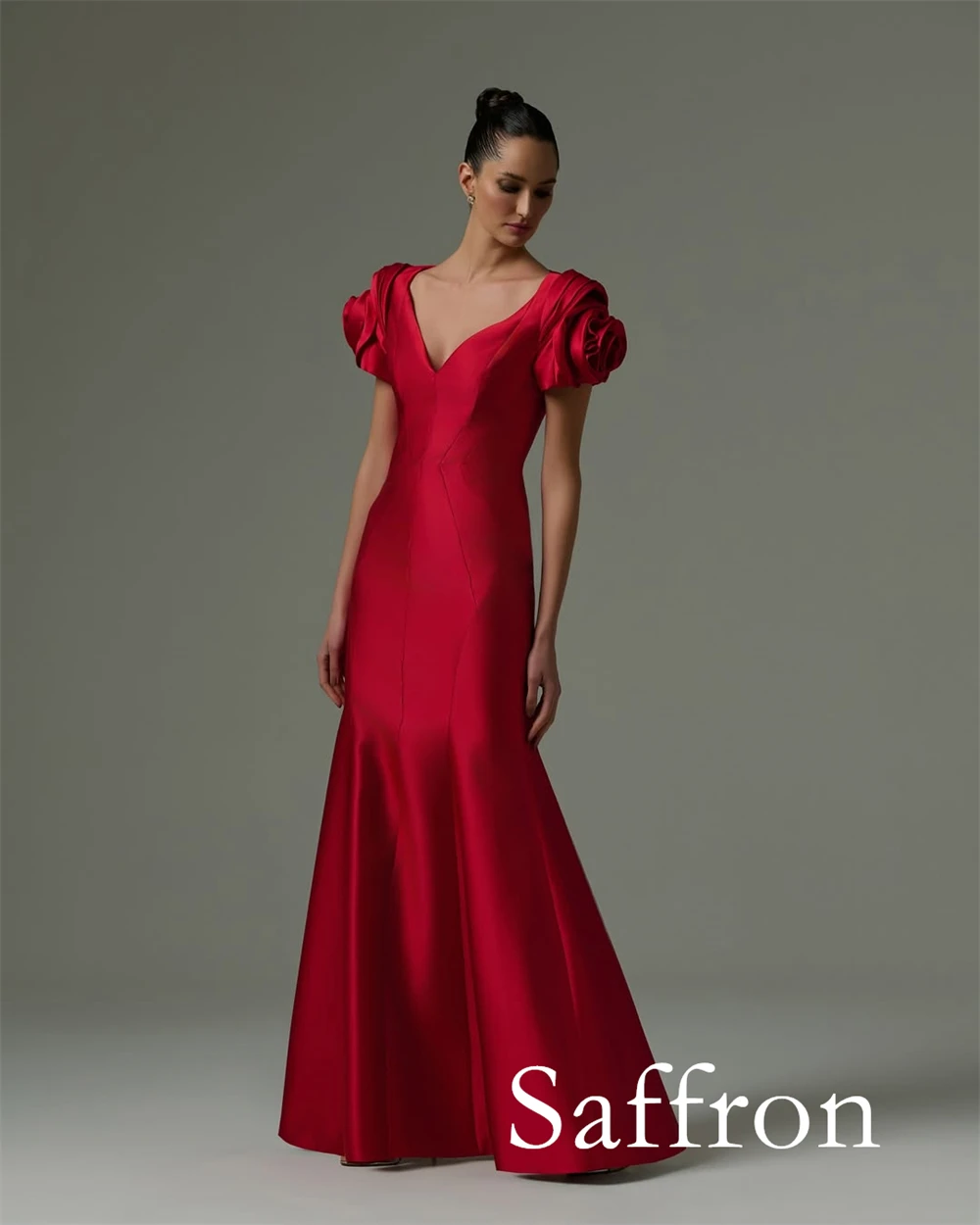 Vestido de noche de manga corta con flores exquisitas personalizado, vestidos elegantes con cuello en V para celebridades, vestido de fiesta clásico de sirena con cremallera en la espalda