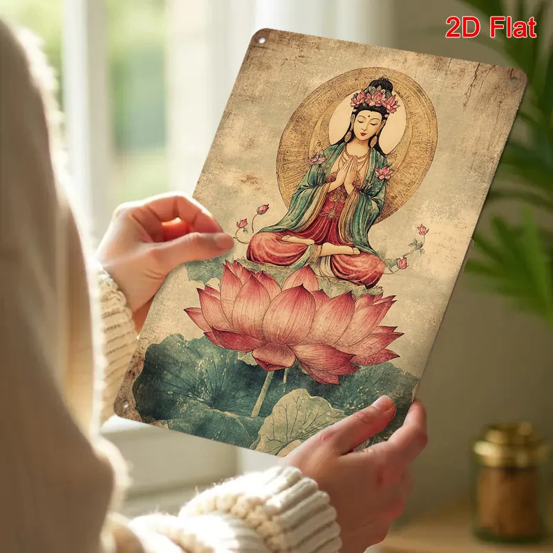 2D Flat, 1-Piece Guanyin Statue Metal Wall Decor - 20.32X 30.48cm Aluminum Meditation Sign with Flowers and Guanyin Mantra, 2D Flat Panel, Suitable for Home Temple Altar, Zen Meditation Room Decoration - Spiritual Gift for Believers in the Chinese Goddess of Mercy