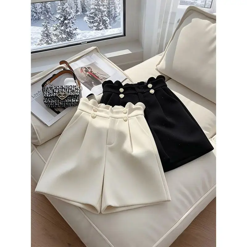 

Ретро шерстяные укороченные леггинсы трапециевидной формы с высокой талией и рюшами в стиле лотоса, двубортная верхняя одежда