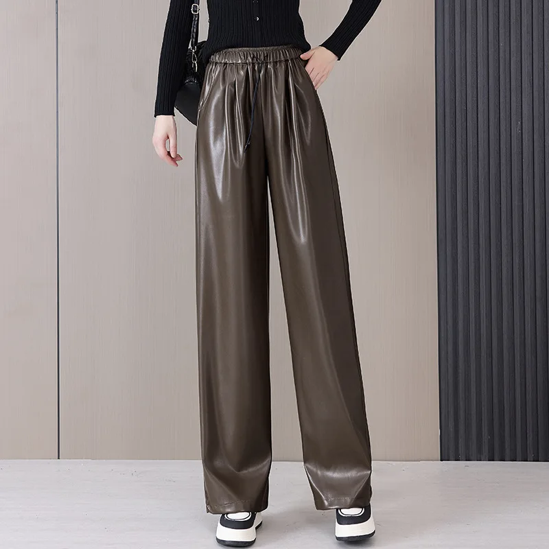 

Black Leather Pants for Women, Spring and Autumn, High-End Feel, Versatile, Simple, High-Waisted, Windproof, Draped, Pa