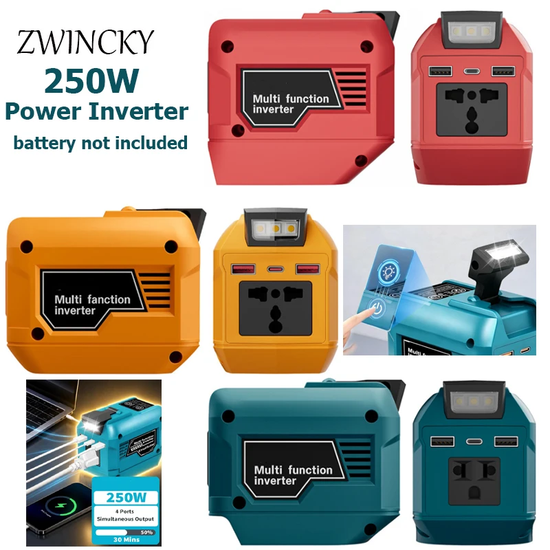 250W Power Inverter Compatible For Makita/Dewaltt/Milwaukee 18V/20V Battery | DC to AC 110V-220V, USB & Type-C 400LM LED Light