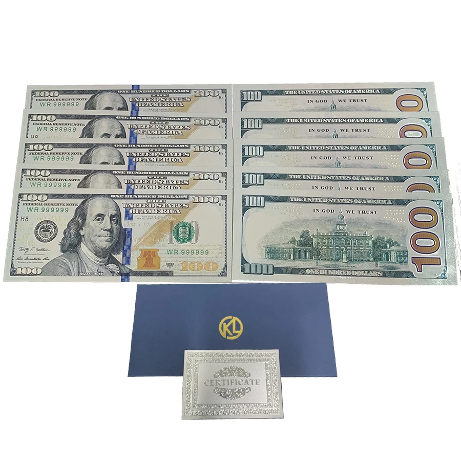 10pcs/lot USA 100 Dollar Gold Foiled Platsic Banknote Bill United States OF America with Envelope for gifts