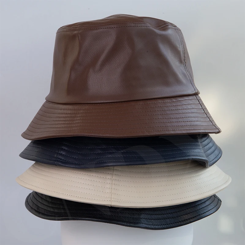 Oversized PU Leather Bucket Hat for Big Head XL XXL 61-65cm Windproof Winter Soft Faux Leather Fishing Cap Comfortable Fit
