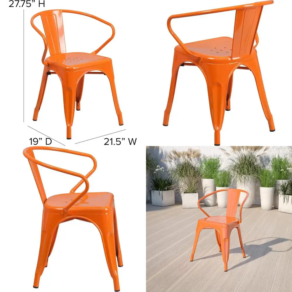 

Durable Orange Metal Chair with Arms, Suitable for Indoor and Outdoor Use