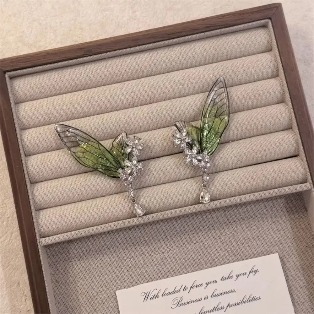 Sweet Exquisite Green Elf Ear Clip Transparent Rhinestone Butterfly Earrings Shiny Translucent Wings Ear Clip Party