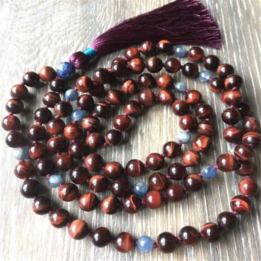 8mm Natural Red Tiger Eye 108 Beads Tassels Necklace Bridal Tranquility Spiritual Healing Fashion Yoga Rustic Stone Mala