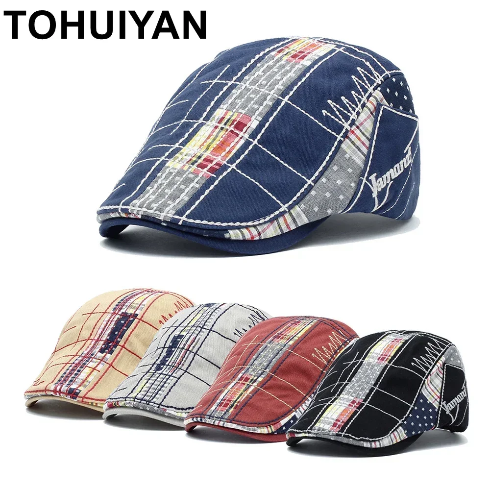 TOHUIYAN 2024 Plaid Cotton Newsboy Cap Men Casual Ivy Hat Duckbill Visor Cabbie Hats Summer Gorras Planas Flat Cap For Women Hat