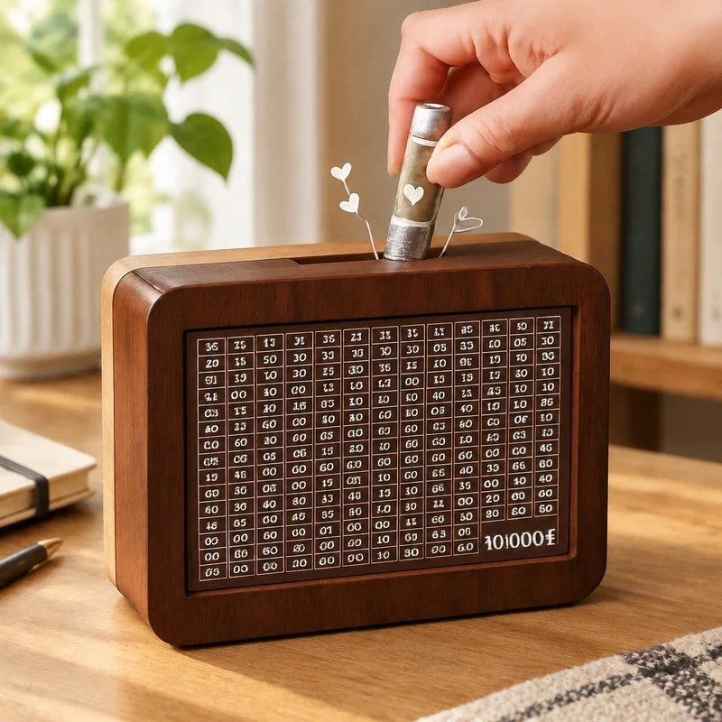 Kids' Wooden Cash Vault for Savings Challenge, Refillable Money Storage Box, Holds 1000 to 10000 Euros