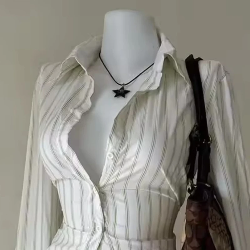 Camicetta con risvolto a righe tinta unita retrò Hot Girl Donna Estetica Y2k High Street Camicia slim American Vintage Fashion Abito a maniche lunghe