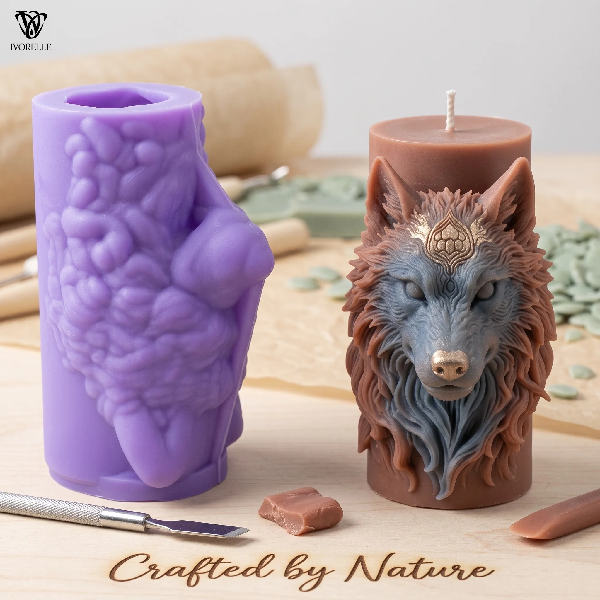 IVORELLE Wolf Head Silicone Candle Mold Geometric Forehead Pattern For Wax Resin Plaster Soap DIY Home Decor Craft
