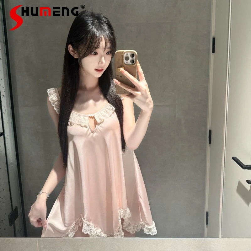 

Cute French Hollow Out Strap Nightdress for Women Pink Lace Playful Princess Date Nightwear Female Sleeveless Sexy Sleepshirts