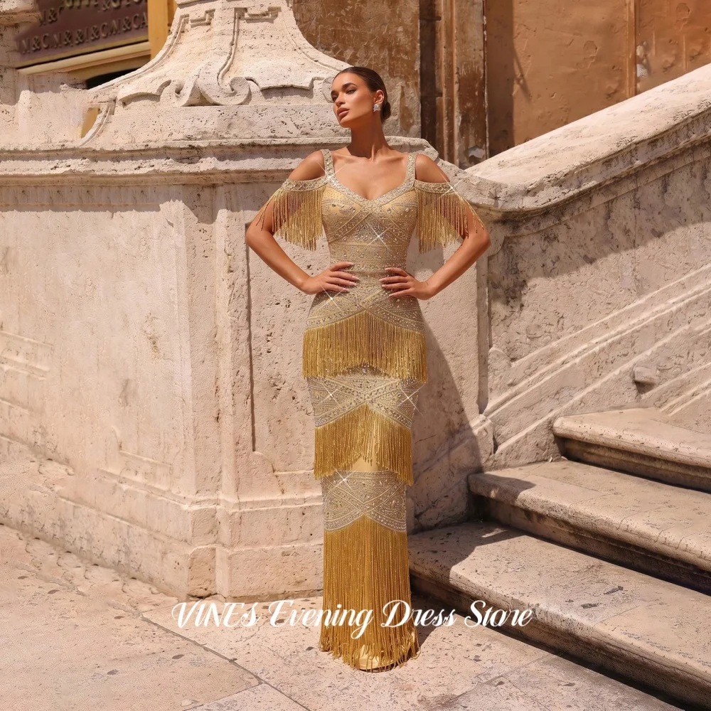 VINES Elegant Luxury Gold Off Shoulder Prom Dress Fringe Rhinestone Evening Gown Fitted Long Floor Length Party Dress Customized