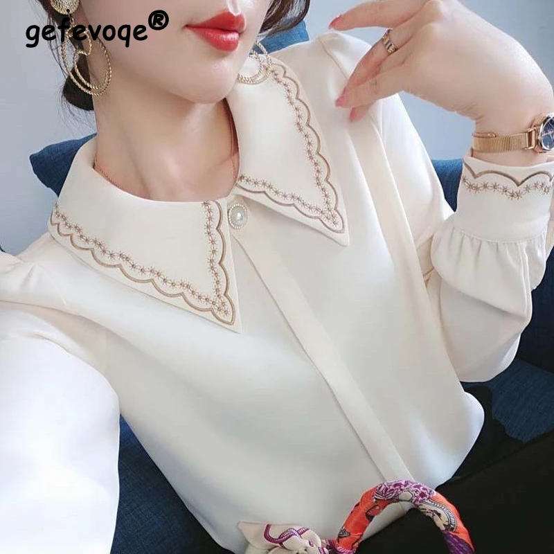 Vrouwen Borduurwerk Kralen Chique Luxe Design Shirts Lente Herfst Mode Kantoor Dame Blouse Effen Lange Mouw Tops Elegante Blusas