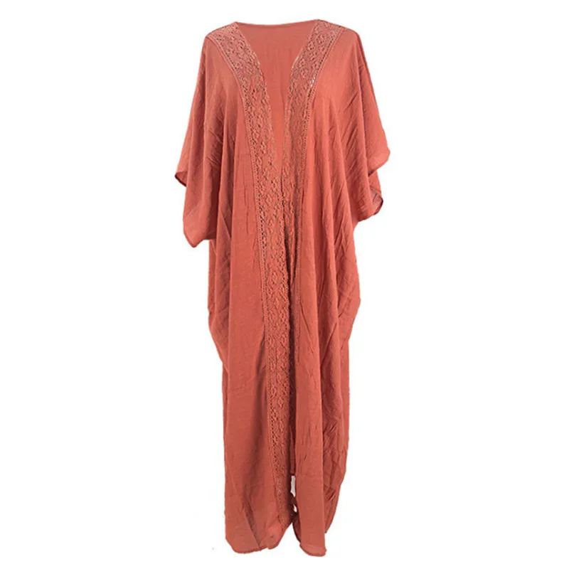 جديد سلوب القطن الدانتيل طويل كيمونو بيكيني يغطي المنبثقة الصلبة شاطئ فستان المرأة الصيف بحر لباس سباحة التستر