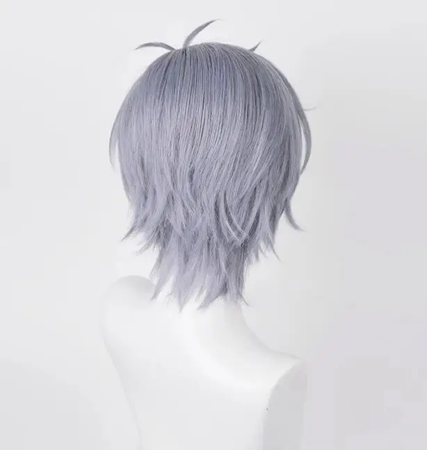 Synthetic Short Straight Blue Grey Wig Anime Game Cosplay Men Heat Resistant Hair Wig for Party