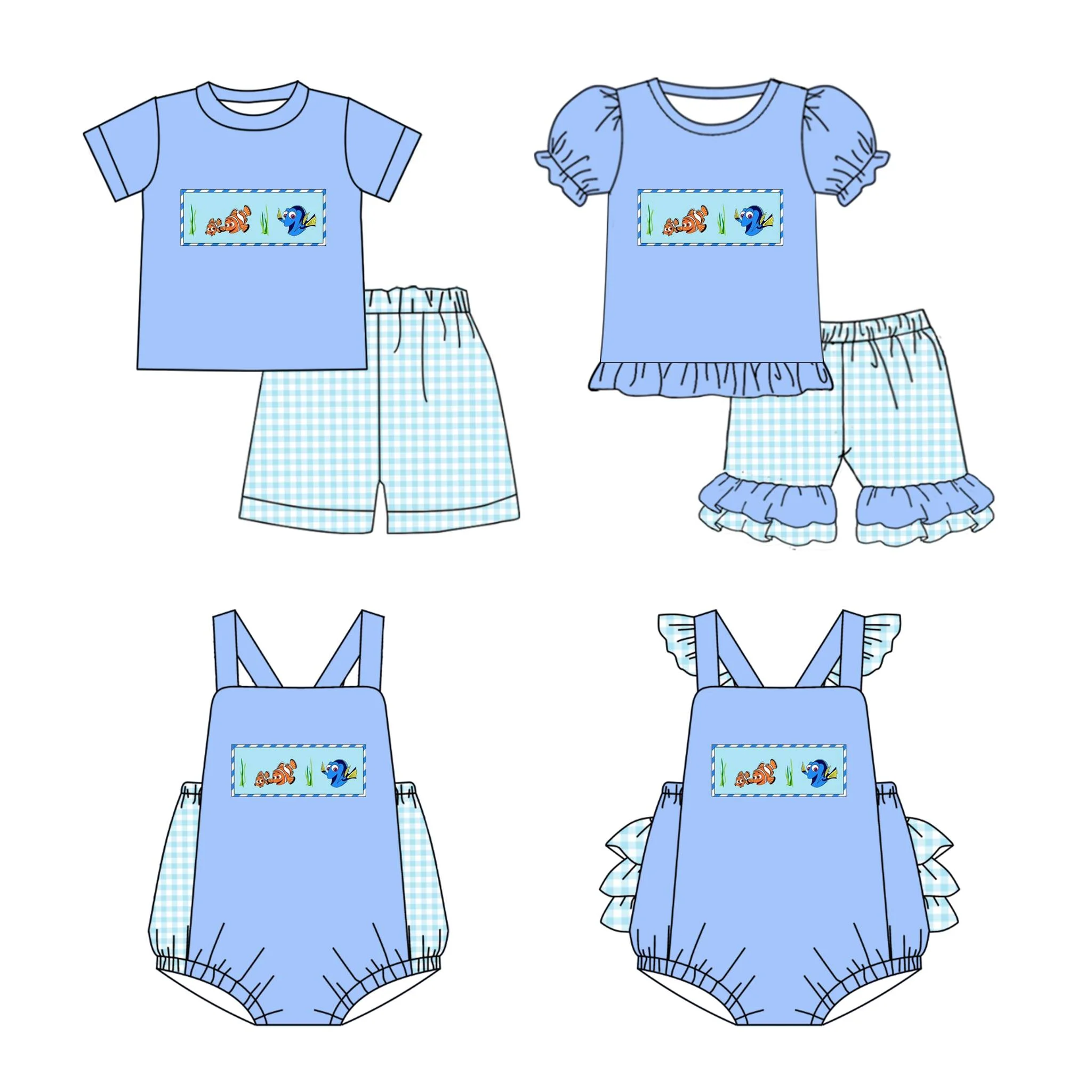 

New high-quality children's set short-sleeved elastic cartoon print shorts lace girls boys plaid shorts suit baby romper