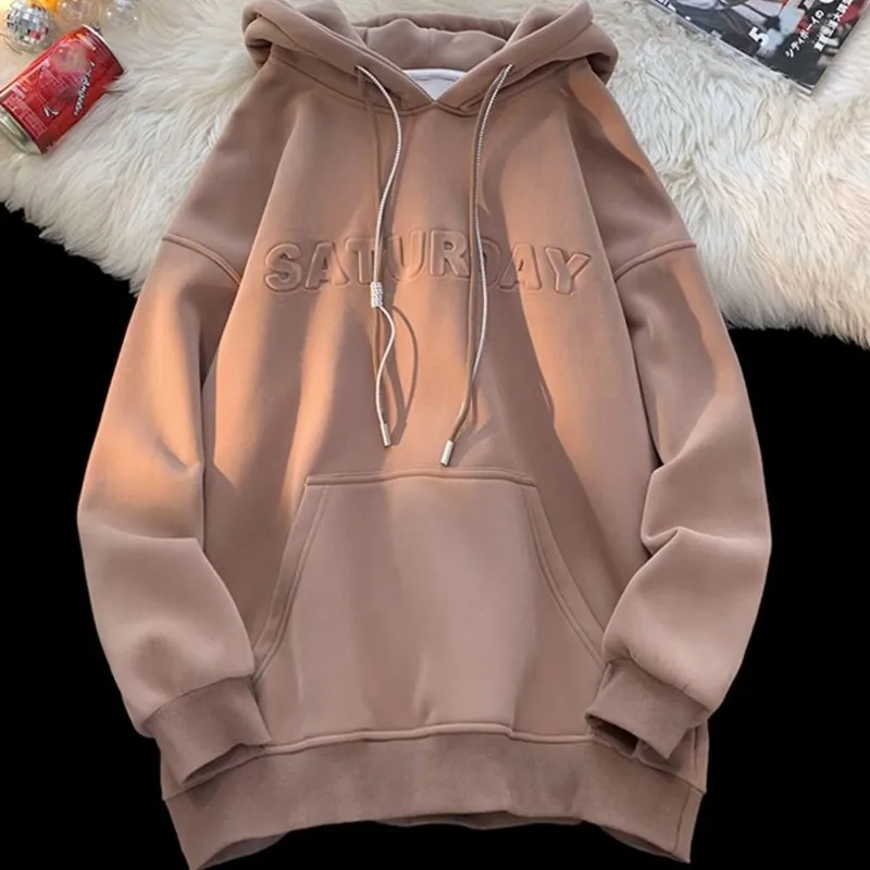 Winter New Clothes Loose Apricot Letter Hoodies Embossing Process Harajuku Thick Casual Sweatshirt Women Y2k Long Sleeve Fleece