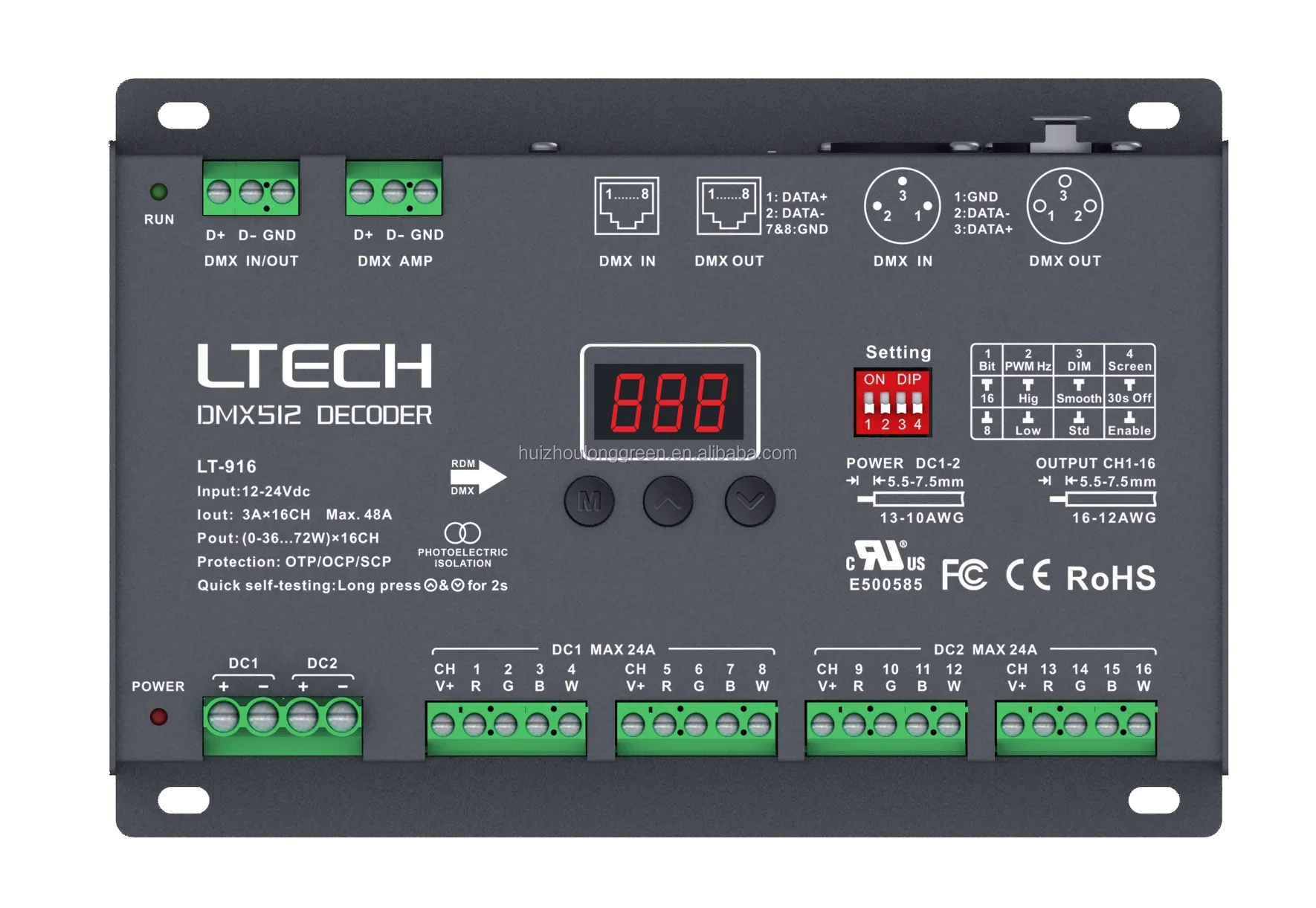 Ltech 16CH 3a CV DMX512 RDM Decoder LT-916 l DIM/CT/RGB/RGBW App control Remote Setting for stage lighting