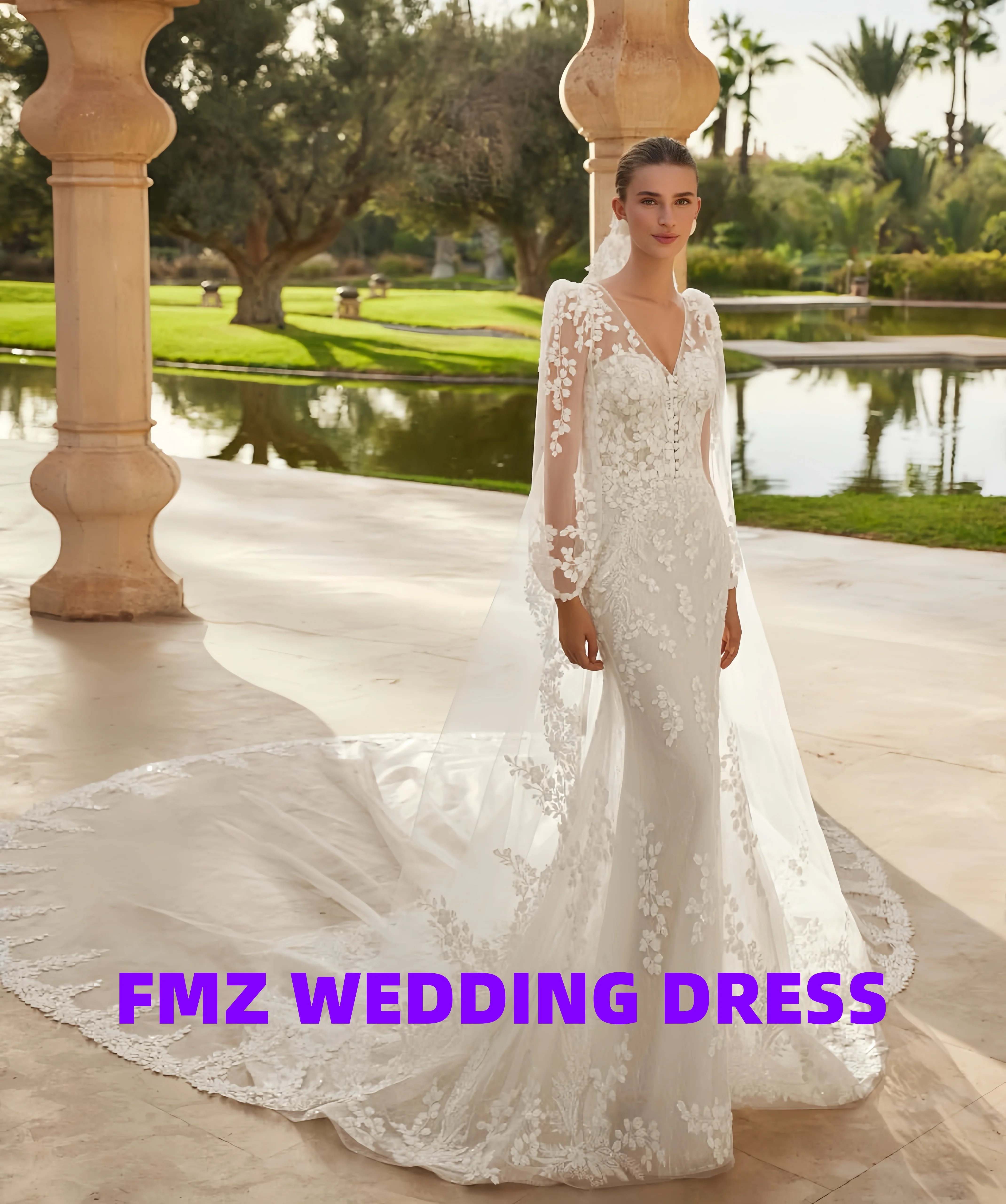 

Элегантное свадебное платье русалки с v-образным вырезом и длинными рукавами по индивидуальному заказу, свадебные платья, свадебные платья