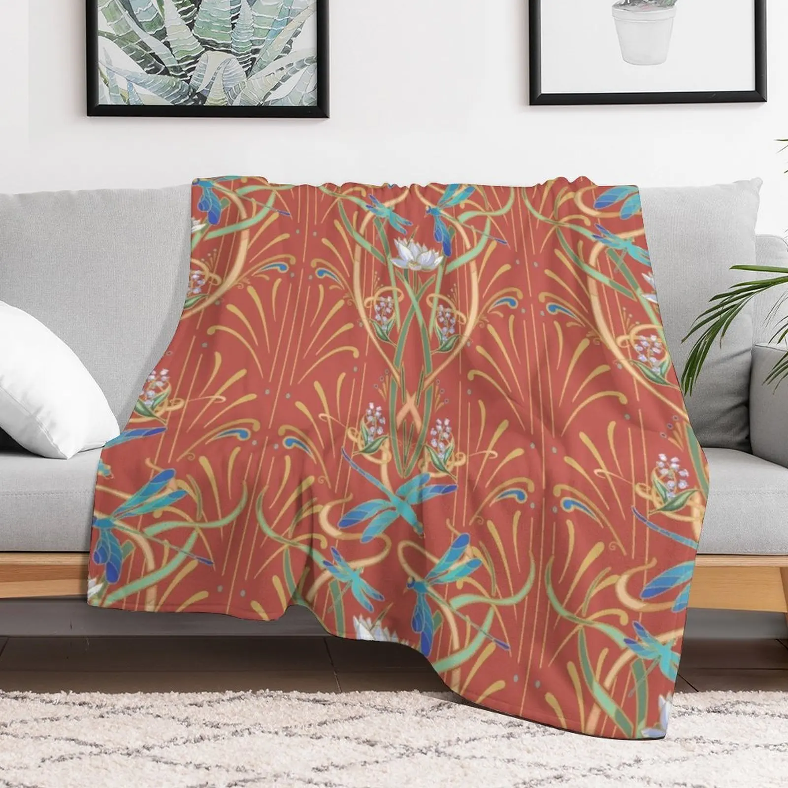 Art Nouveau Dragonflies Pattern Deep Coral Throw Blanket Soft Solid Color Blanket for Couch Bed
