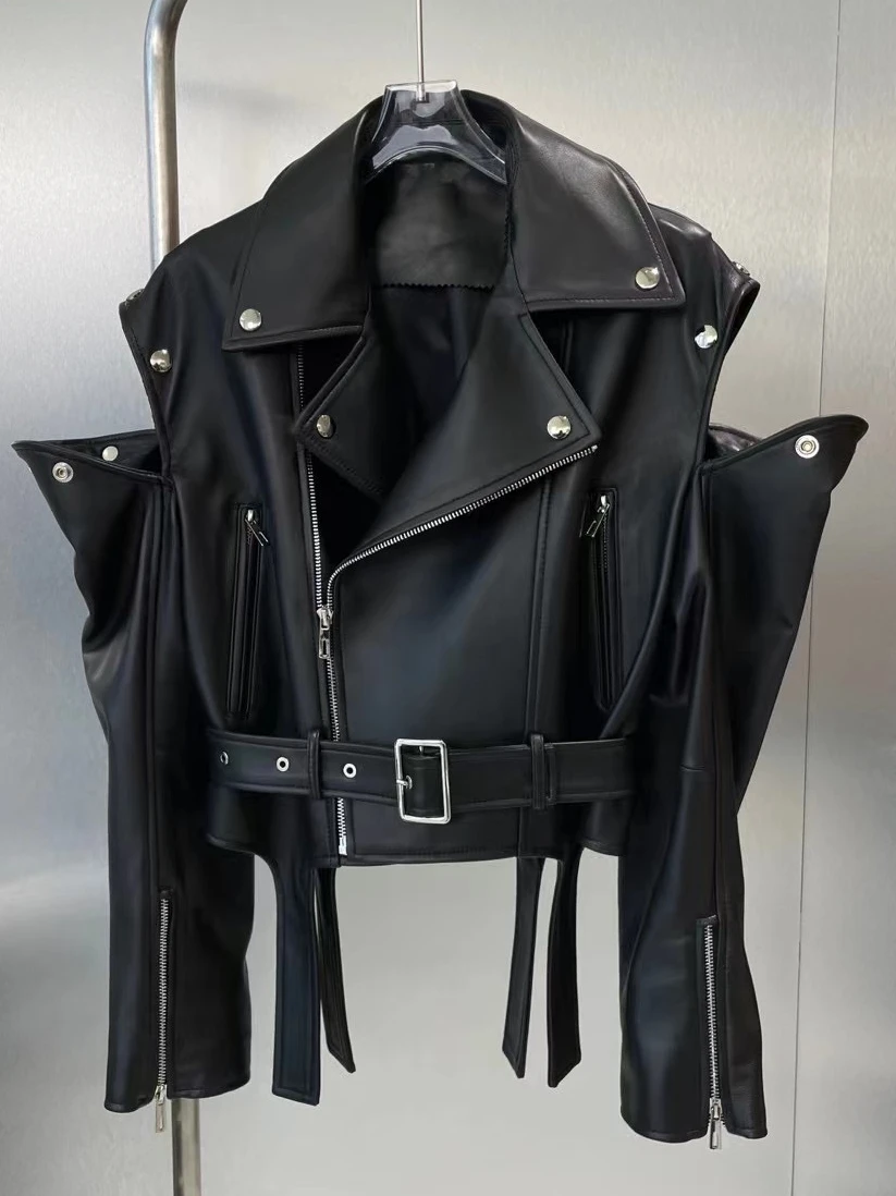 

New 2023 Spring Autumn Women New Short Coat Ladies Genuine Sheep Leather Jacket Buttons Shoulder New Fashion