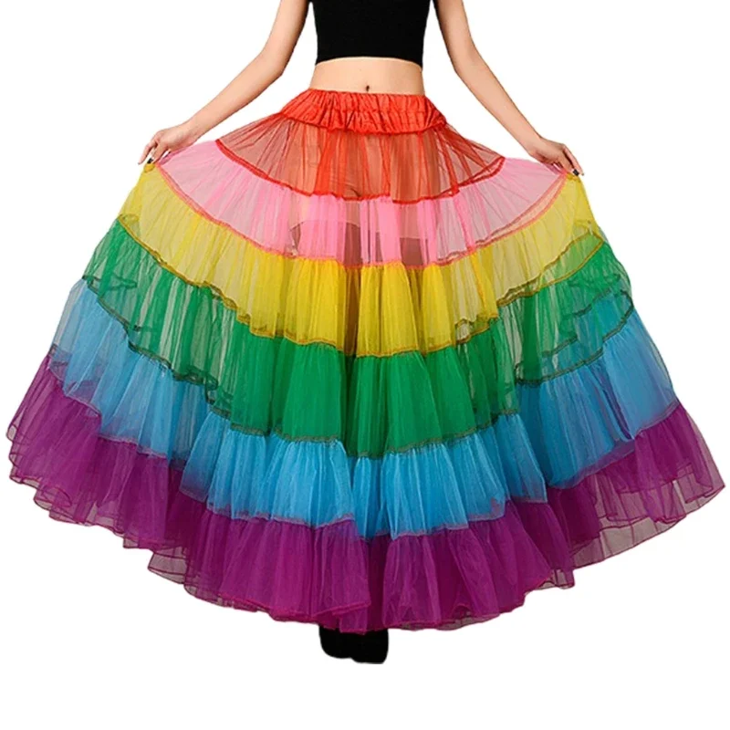 Multicolored Rainbow A-Line Maxi Tutu Skirt Pleated Floor Length Mesh Petticoat