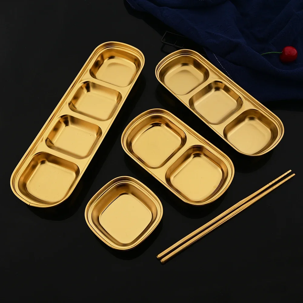 Golden Korean Style Stainless Steel Divided Dip Bowls Sauce Plate Seasoning Dipping Condiment Tray for BBQ Vinegar Spice Ketchup