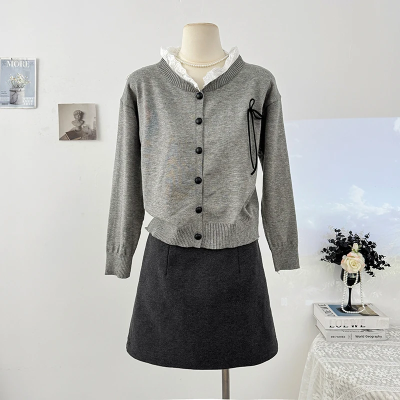 Cárdigan de punto con cuello levantado y empalme de encaje suave para mujer, suéter elegante con lazo de estilo coreano, abrigo holgado