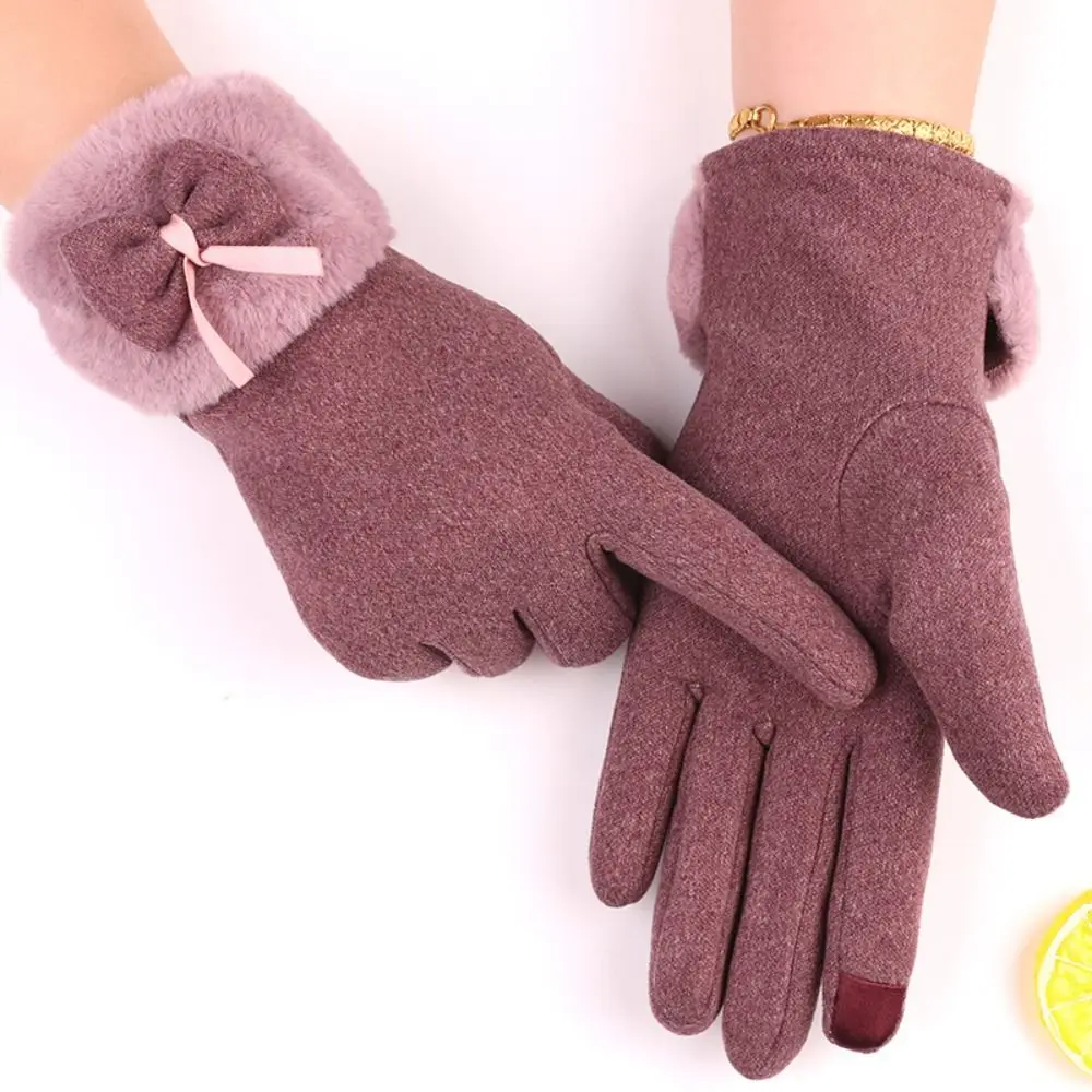 Fashion Plush Warm Gloves Bowtie Windproof Cold Proof Driving Mittens All Finger Thickened Cycling Gloves for Outdoor