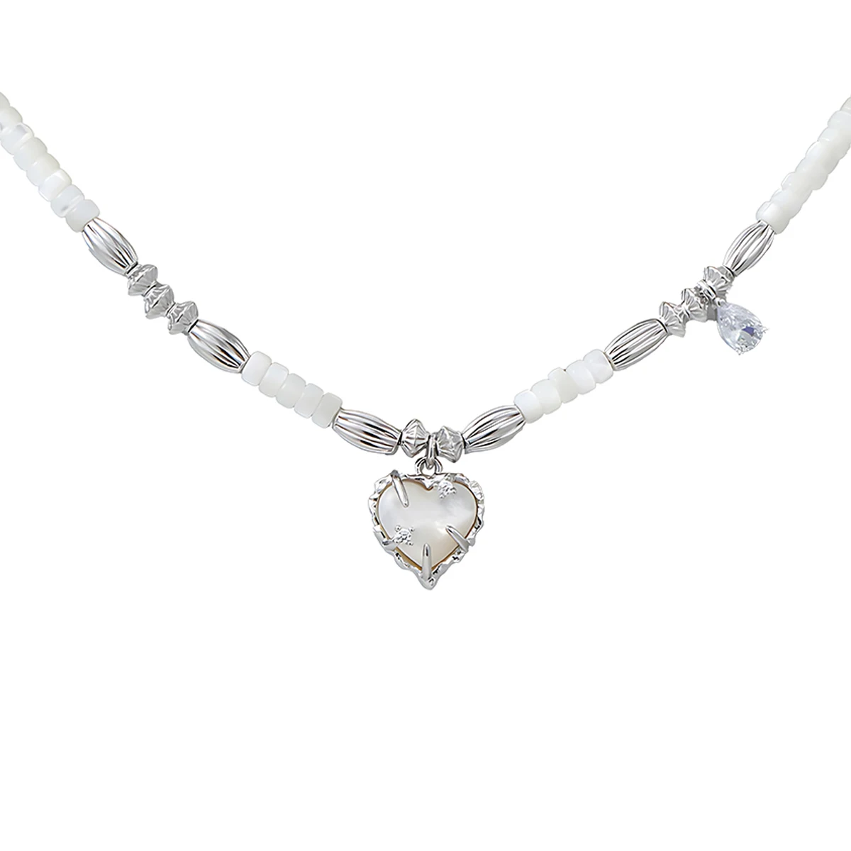 

ant White Mother-of-Pearl Bead Necklace with Heart Motif - Minimalist Chic Sterling Silver (S925) for Women: Unique Jewelry