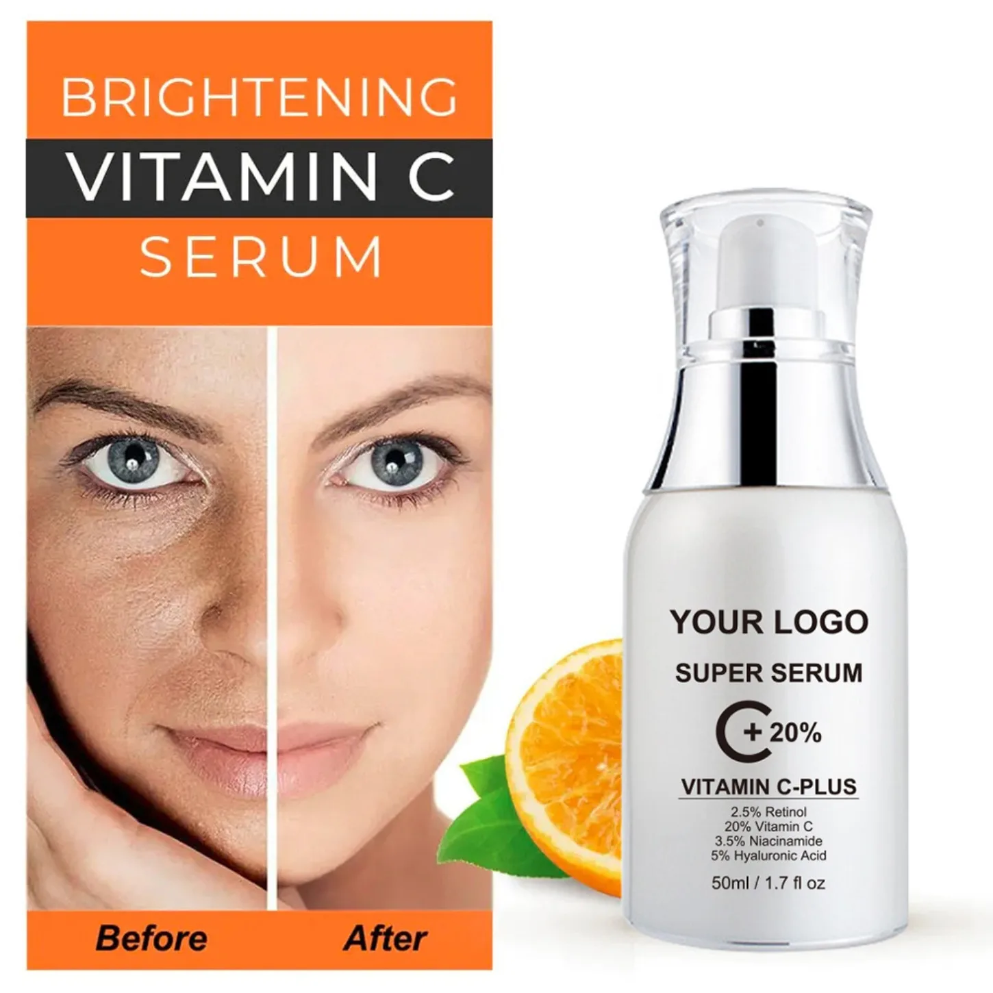 Logotipo personalizado de marca privada, suero vegano de vitamina C de 50ml, esencia VC, maquillaje iluminador al por mayor, suero facial que elimina las manchas oscuras
