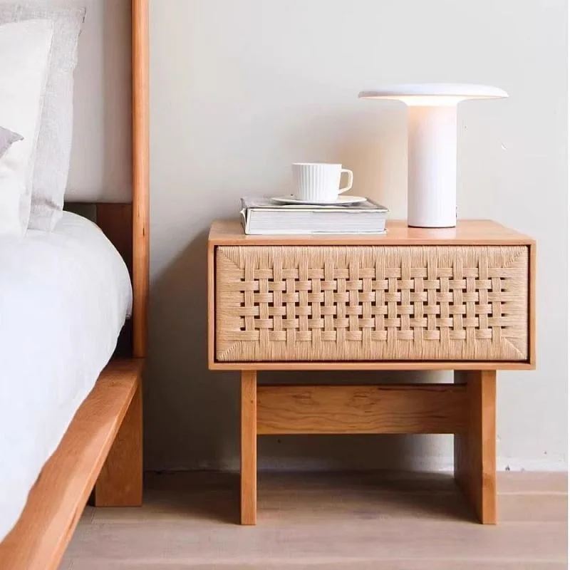 

Wabi Sandy Wind Solid Wood Rattan Bedside Cabinet Small Cabinet Homestay Furniture Retro Style Bedroom Simple Storage Cabinet Lo