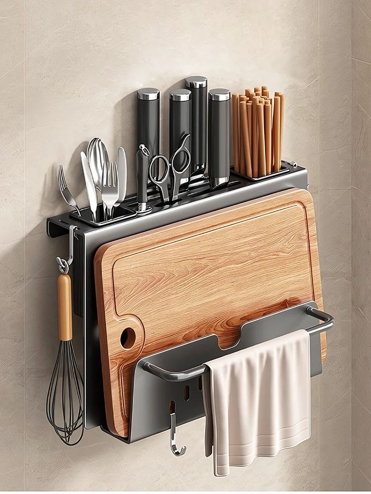 Kitchen Knife Holder Under Cabinet Adhesive Hanging Storage Rack Chopsticks Tube Drain Integrated Cutting Board Stand Hanger