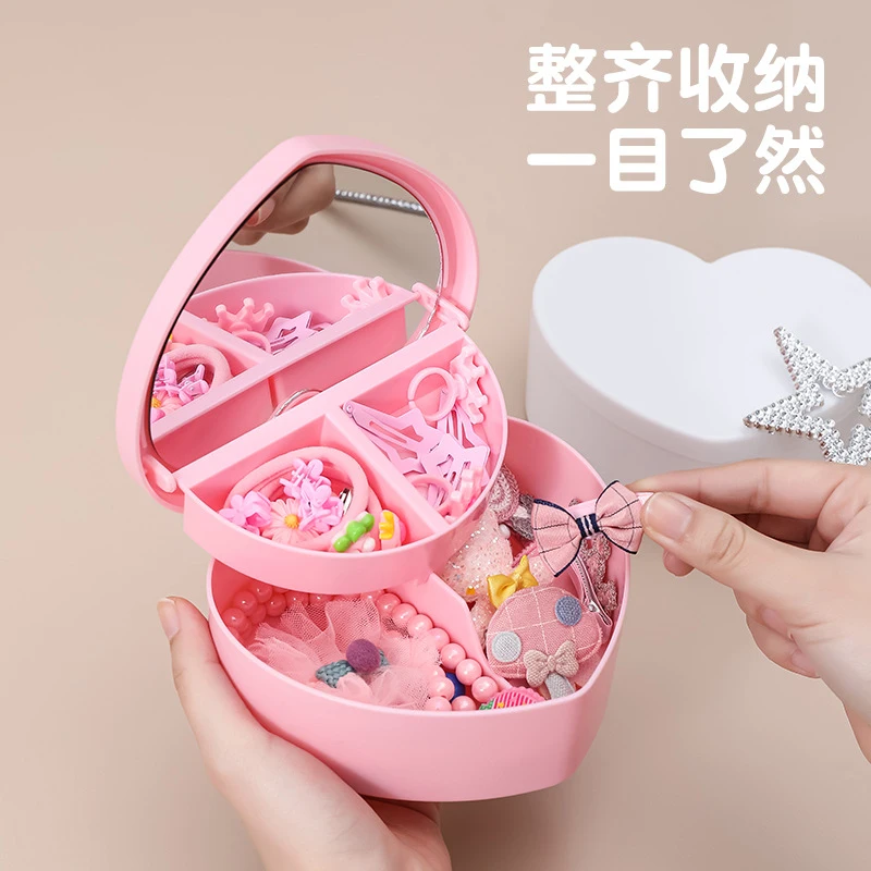 Girls Heart Jewelry Storage Box  Mirror Pink White Plastic Bracelets Hair Band Organizer Girl'S Drawer Desk Jewelry Display Nice