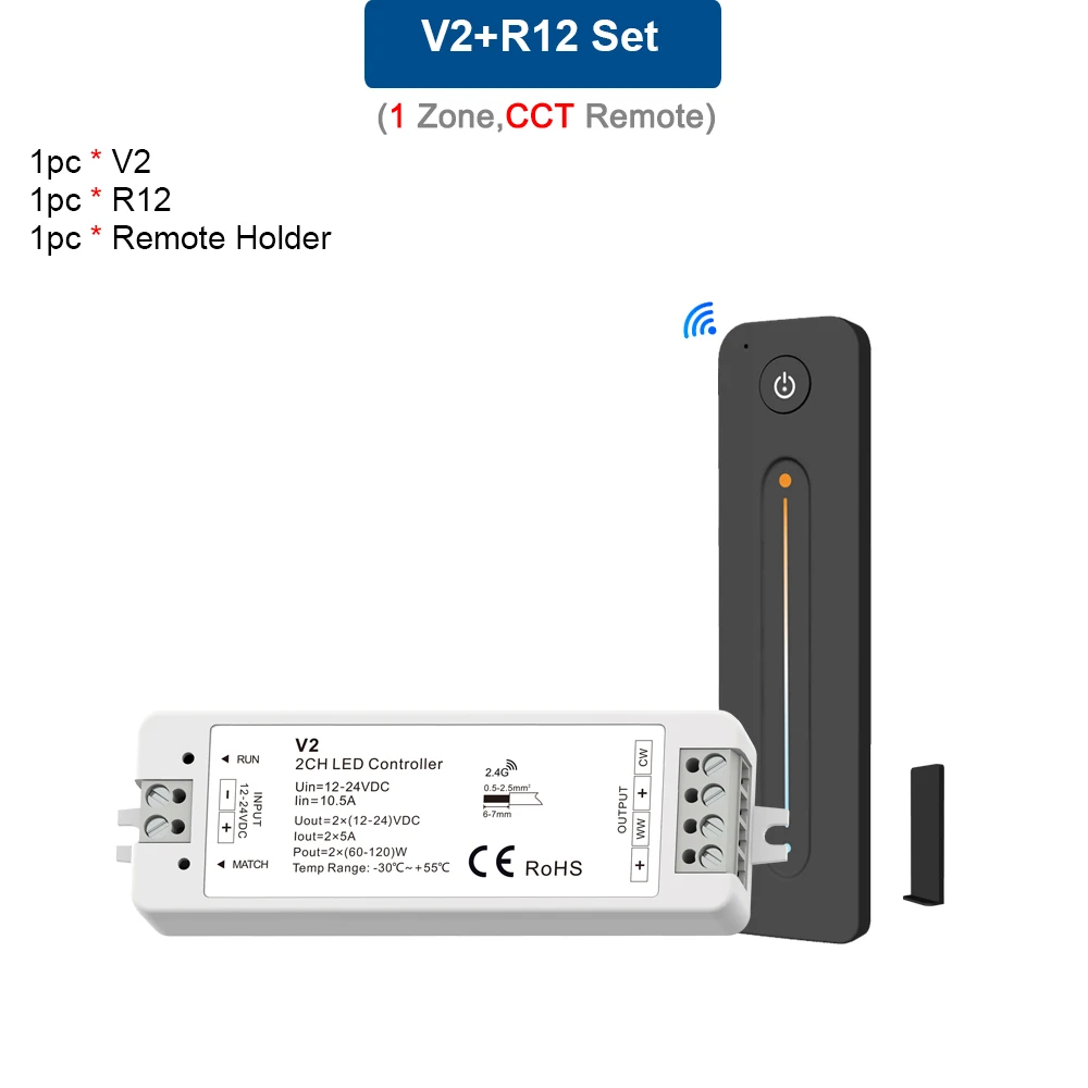 WW CW LED Controller 12V 24V 10A 2CH 2.4G Single Color CCT Light Strip LED Dimmer Controller RF Wireless Remote with Holder V2