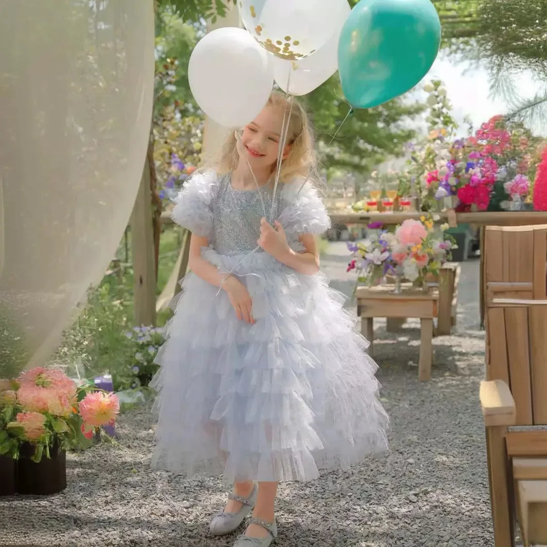

It's Yiiya Индивидуальные платья с цветочным узором для девочек, серое тюлевое платье с пайетками и оборками, круглым вырезом, с короткими рукавами, на молнии, до щиколотки, детское платье T126